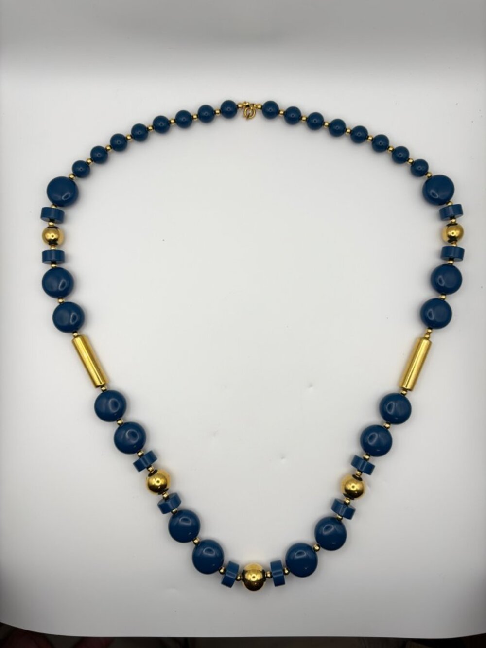 Vintage Trifari Blue Acrylic Bead Gold Tone Cylinder Statement Necklace 28 in - Picture 1 of 6